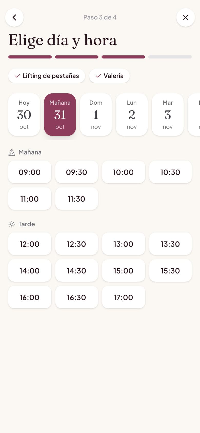 Elegir día y hora en la app del salón