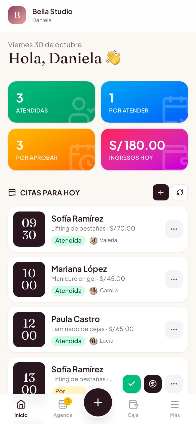 Panel del salón con las citas de hoy